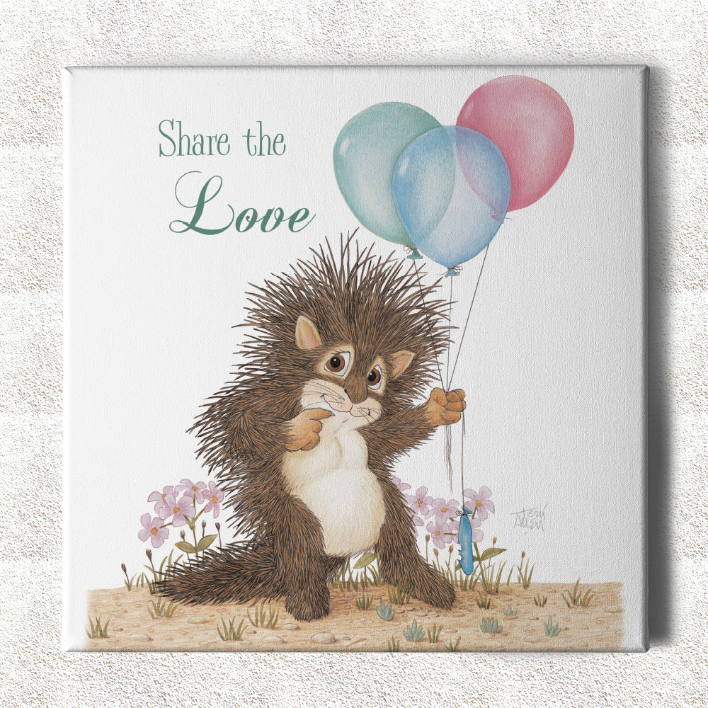 Friendly Kritters Wall Art Print - Baby Porcupine with Balloons - 16x16 - Hand Drawn - Canvas