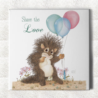 Friendly Kritters Wall Art Print - Baby Porcupine with Balloons - 16x16 - Hand Drawn - Canvas