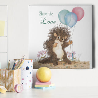 Friendly Kritters Wall Art Print - Baby Porcupine with Balloons - 16x16 - Hand Drawn - Canvas