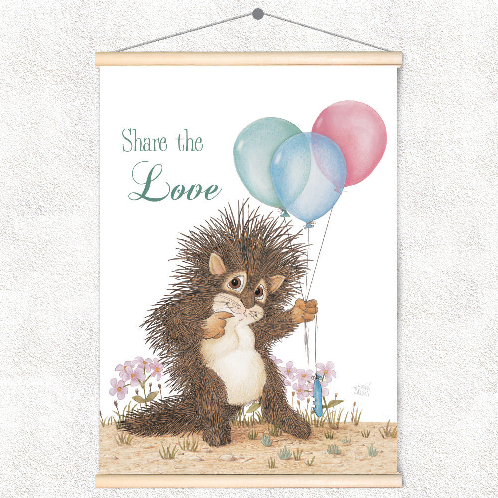 Friendly Kritters Wall Art Print - Baby Porcupine with Balloons - 17.5x24 - Hand Drawn - Wood Frame Hanger