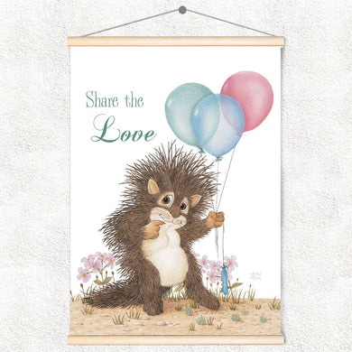 Friendly Kritters Wall Art Print - Baby Porcupine with Balloons - 17.5x24 - Hand Drawn - Wood Frame Hanger