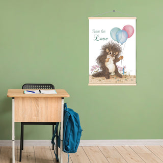 Friendly Kritters Wall Art Print - Baby Porcupine with Balloons - 17.5x24 - Hand Drawn - Wood Frame Hanger