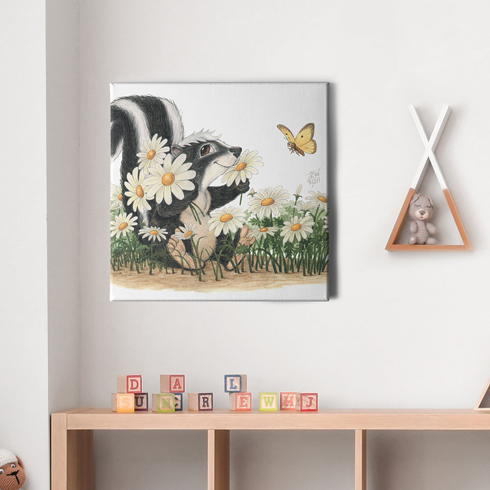 Friendly Kritters Wall Art Print - Skunk, Butterflies, and Bees - 16x16 - Hand Drawn - Canvas