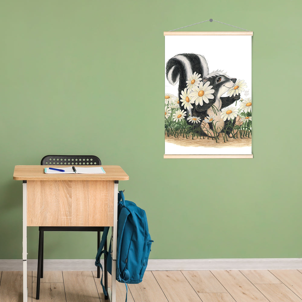 Friendly Kritters Wall Art Print - Skunk, Butterflies, and Bees - 17.5x24 - Hand Drawn - Wood Frame Hanger