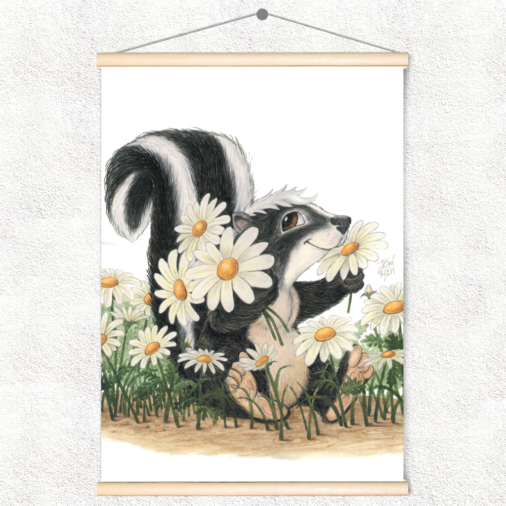 Friendly Kritters Wall Art Print - Skunk, Butterflies, and Bees - 17.5x24 - Hand Drawn - Wood Frame Hanger