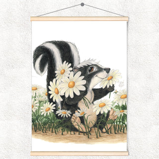 Friendly Kritters Wall Art Print - Skunk, Butterflies, and Bees - 17.5x24 - Hand Drawn - Wood Frame Hanger