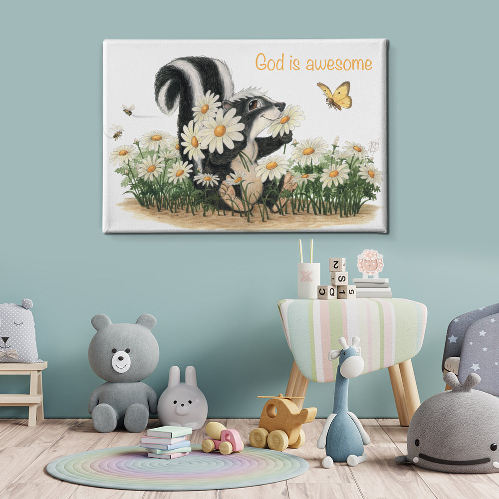 Friendly Kritters Wall Art Print - Skunk, Butterflies, and Bees - 24x36 - Hand Drawn - Canvas