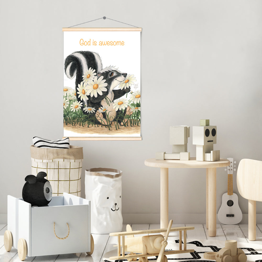 Friendly Kritters Wall Art Print - Skunk, Butterflies, and Bees - 17.5x24 - Hand Drawn - Wood Frame Hanger