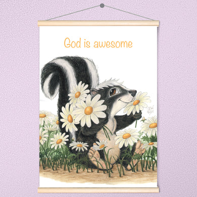 Friendly Kritters Wall Art Print - Skunk, Butterflies, and Bees - 17.5x24 - Hand Drawn - Wood Frame Hanger