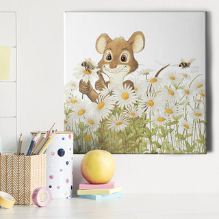Friendly Kritters Wall Art Print - Mouse, Bees and Daisies - 16x16 - Hand Drawn - Canvas
