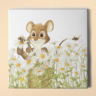 Friendly Kritters Wall Art Print - Mouse, Bees and Daisies - 16x16 - Hand Drawn - Canvas
