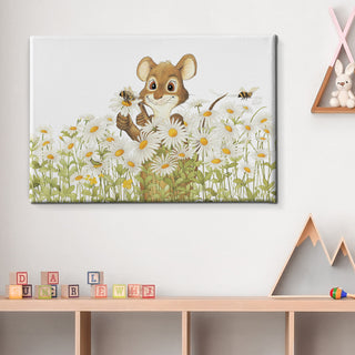 Friendly Kritters Wall Art Print - Mouse, Bees and Daisies - 24x36 - Hand Drawn - Canvas