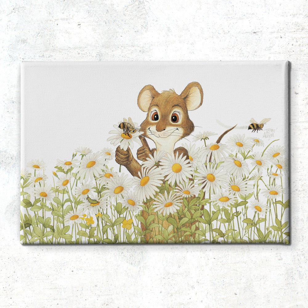 Friendly Kritters Wall Art Print - Mouse, Bees and Daisies - 16x24 - Hand Drawn - Canvas