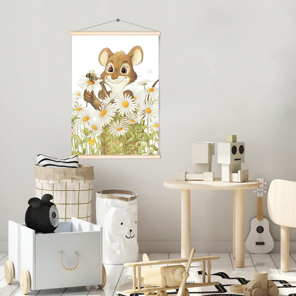 Friendly Kritters Wall Art Print - Mouse, Bees and Daisies - 17.5x24 - Hand Drawn - Wood Frame Hanger