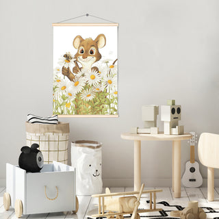 Friendly Kritters Wall Art Print - Mouse, Bees and Daisies - 17.5x24 - Hand Drawn - Wood Frame Hanger