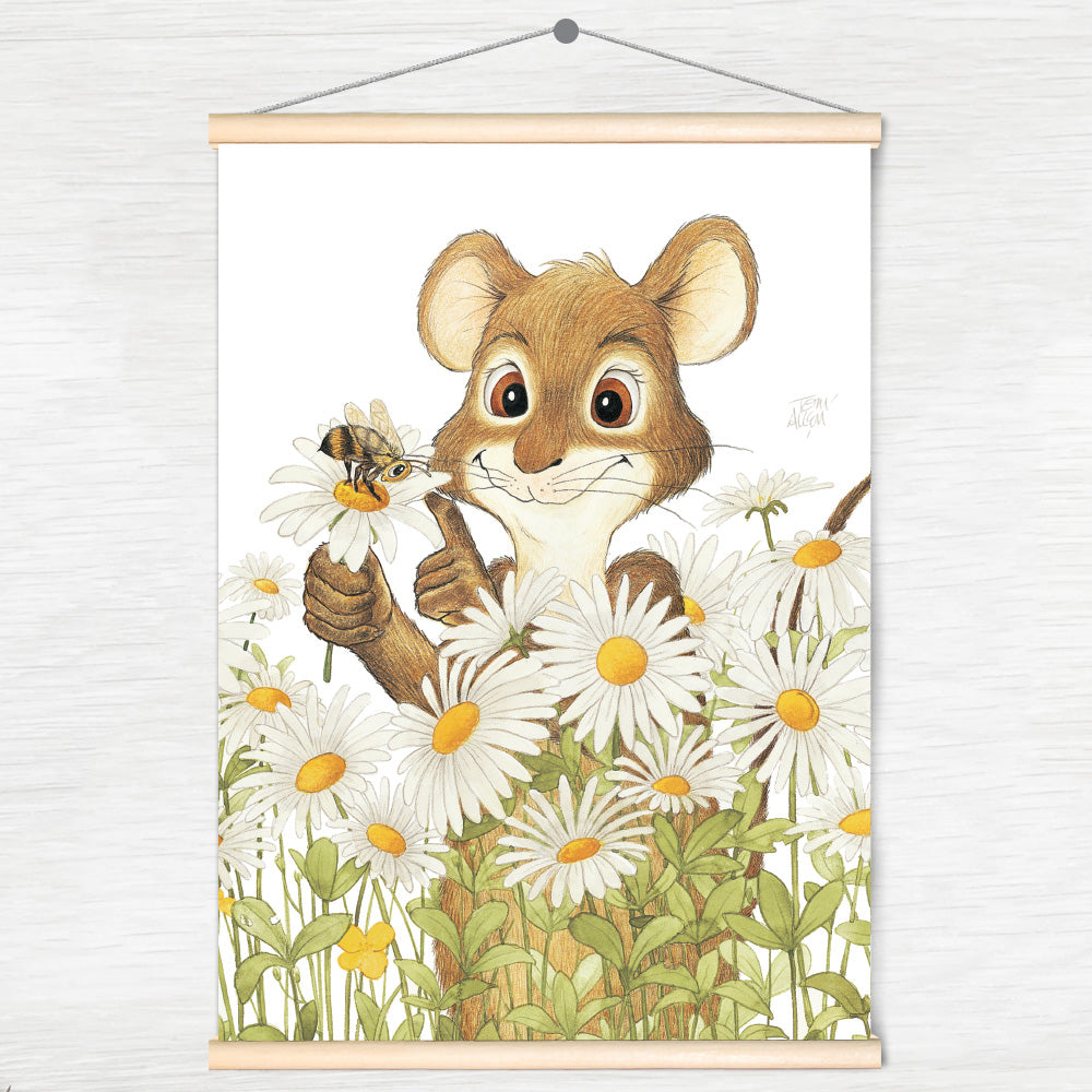 Friendly Kritters Wall Art Print - Mouse, Bees and Daisies - 17.5x24 - Hand Drawn - Wood Frame Hanger