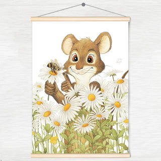 Friendly Kritters Wall Art Print - Mouse, Bees and Daisies - 17.5x24 - Hand Drawn - Wood Frame Hanger