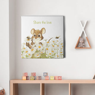 Friendly Kritters Wall Art Print - Mouse, Bees and Daisies - 16x16 - Hand Drawn - Canvas