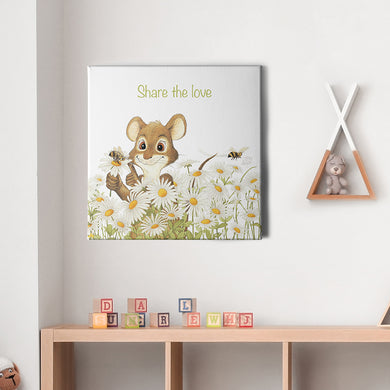 Friendly Kritters Wall Art Print - Mouse, Bees and Daisies - 16x16 - Hand Drawn - Canvas