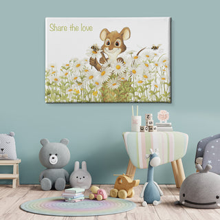 Friendly Kritters Wall Art Print - Mouse, Bees and Daisies - 24x36 - Hand Drawn - Canvas