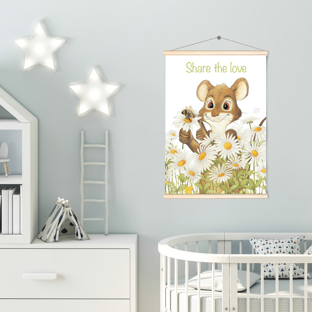 Friendly Kritters Wall Art Print - Mouse, Bees and Daisies - 17.5x24 - Hand Drawn - Wood Frame Hanger