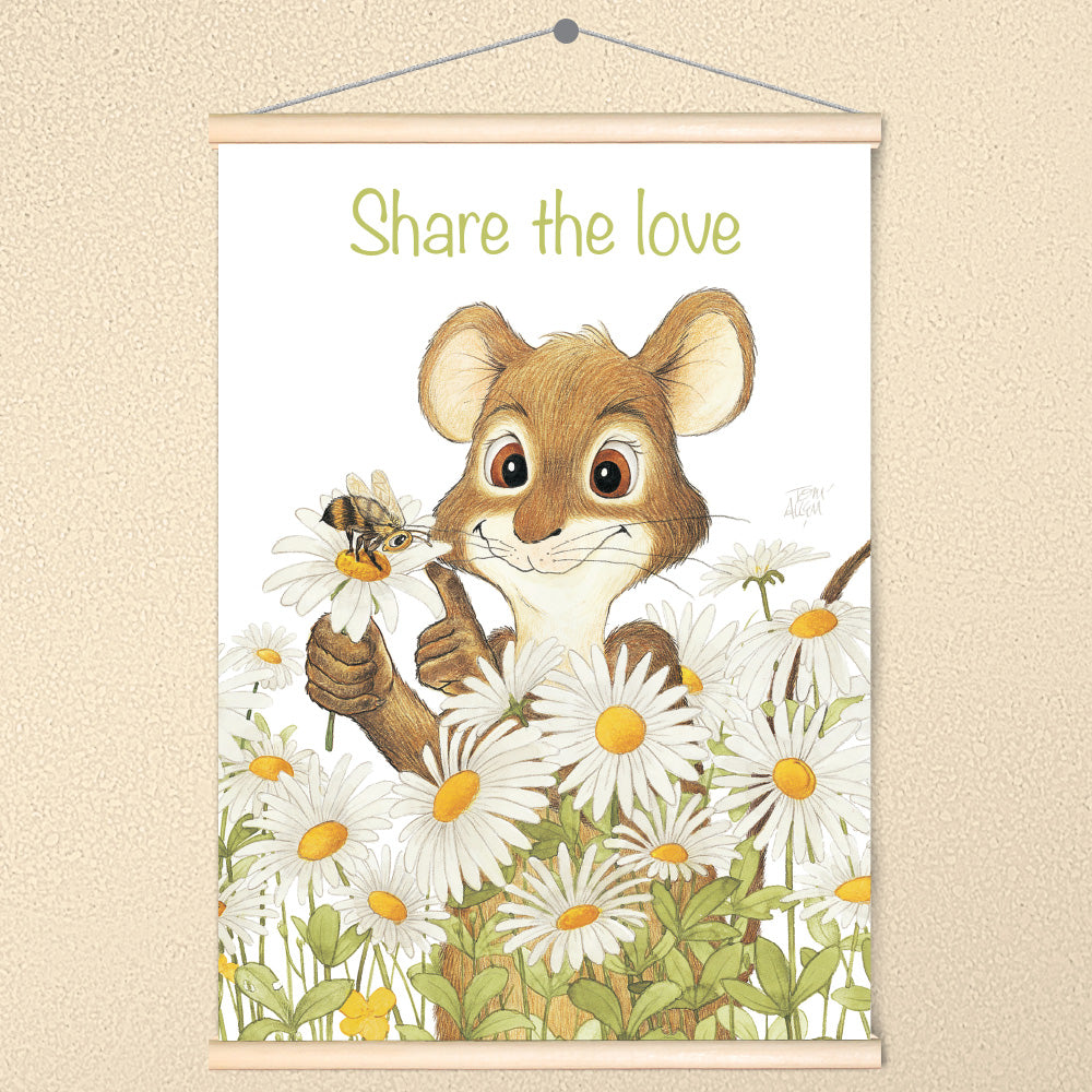 Friendly Kritters Wall Art Print - Mouse, Bees and Daisies - 17.5x24 - Hand Drawn - Wood Frame Hanger