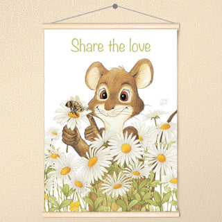 Friendly Kritters Wall Art Print - Mouse, Bees and Daisies - 17.5x24 - Hand Drawn - Wood Frame Hanger