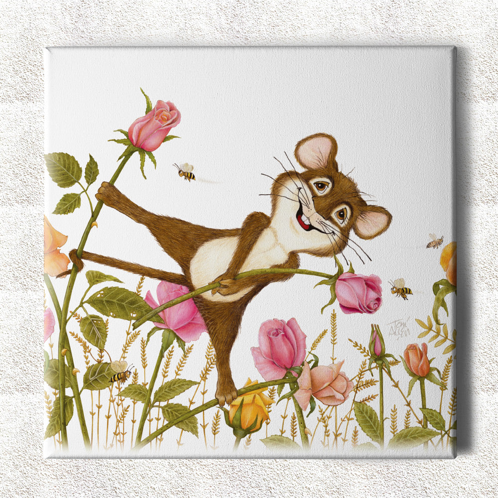 Friendly Kritters Wall Art Print - Mouse, Bees and Roses - 16x16 - Hand Drawn - Canvas
