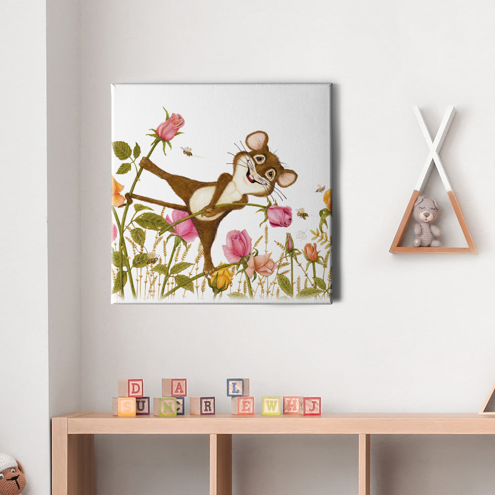 Friendly Kritters Wall Art Print - Mouse, Bees and Roses - 16x16 - Hand Drawn - Canvas