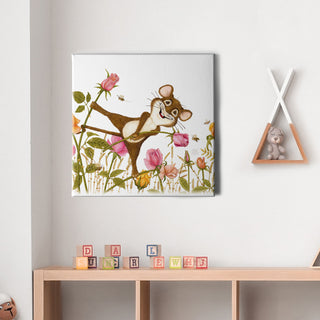 Friendly Kritters Wall Art Print - Mouse, Bees and Roses - 16x16 - Hand Drawn - Canvas