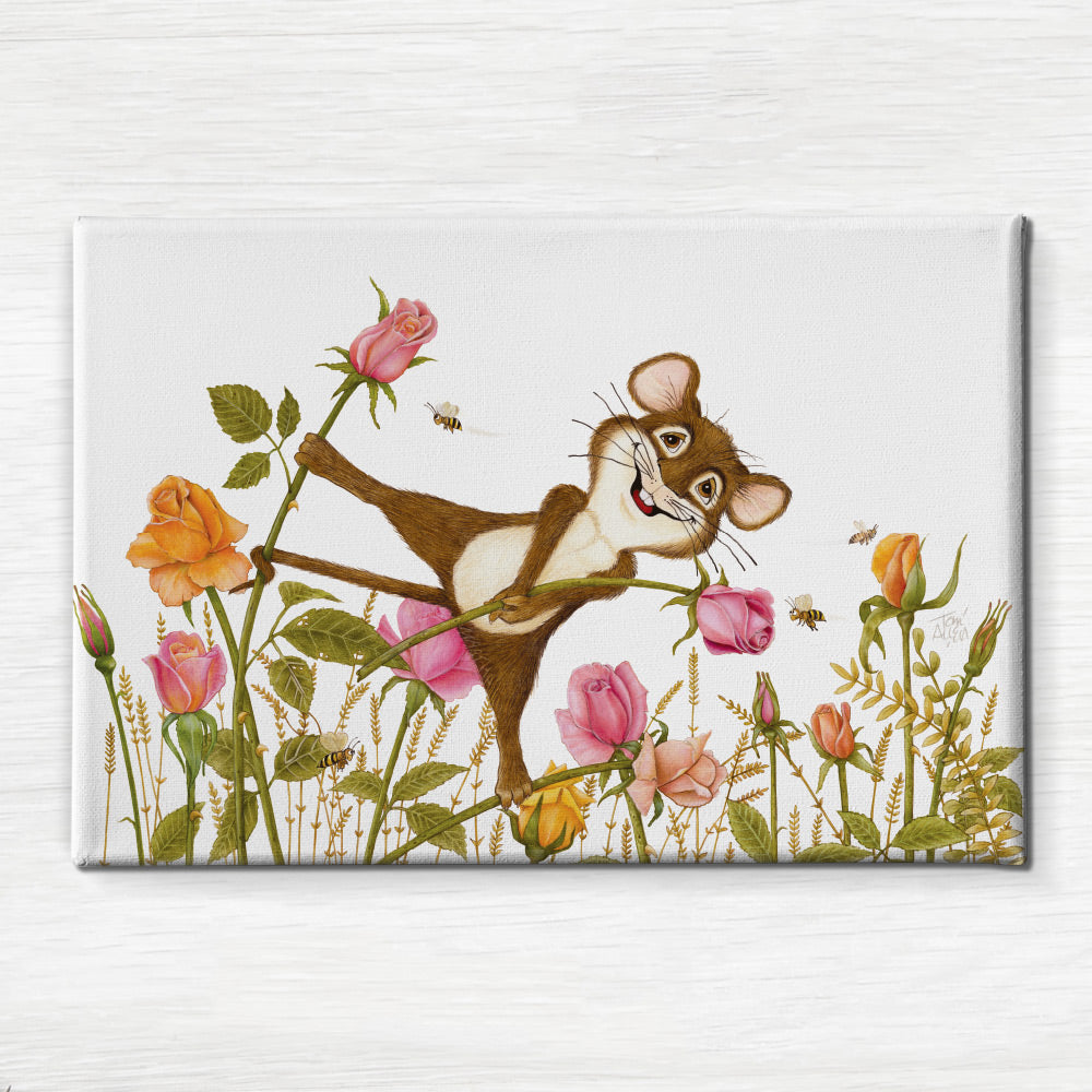 Friendly Kritters Wall Art Print - Mouse, Bees and Roses - 24x36 - Hand Drawn - Canvas