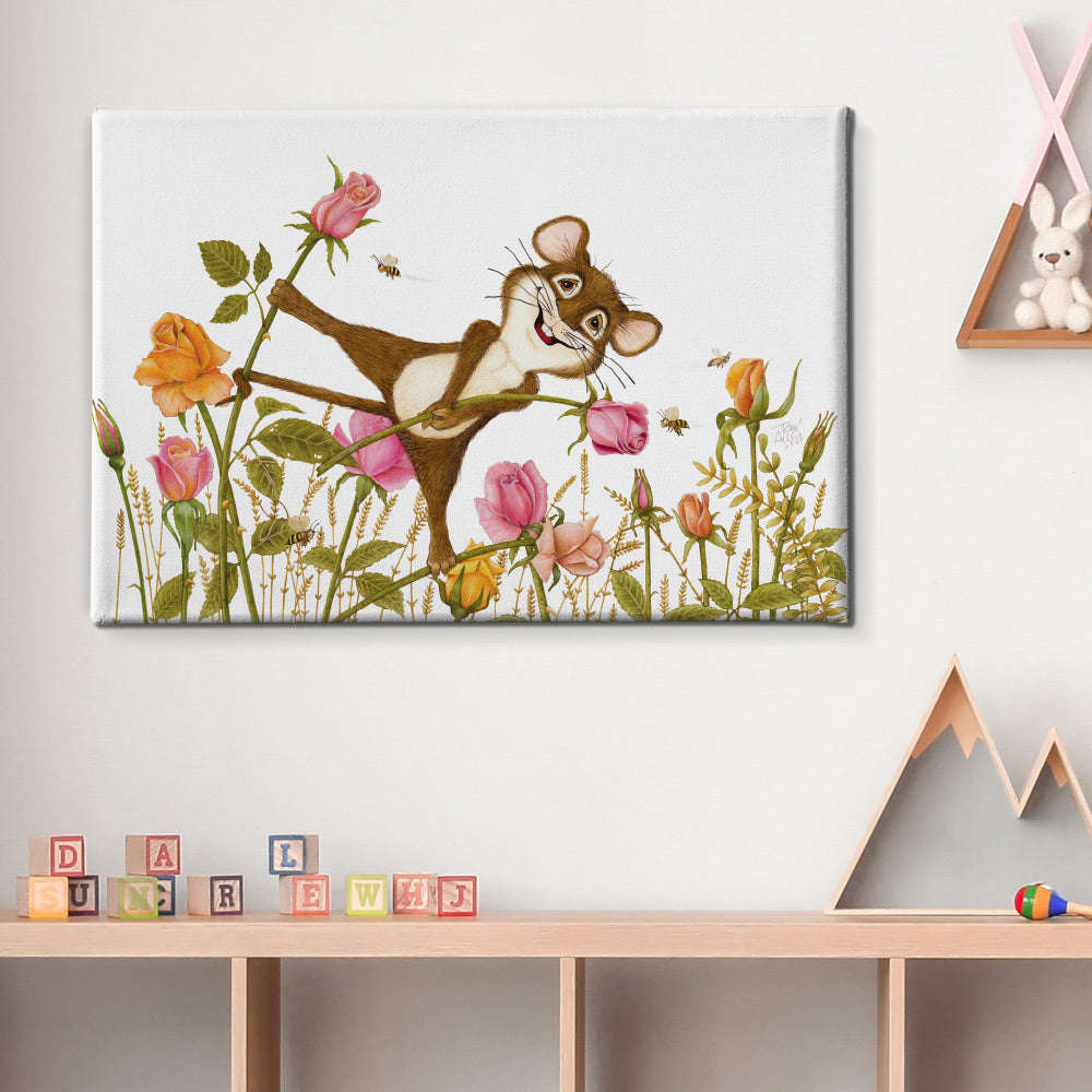 Friendly Kritters Wall Art Print - Mouse, Bees and Roses - 24x36 - Hand Drawn - Canvas