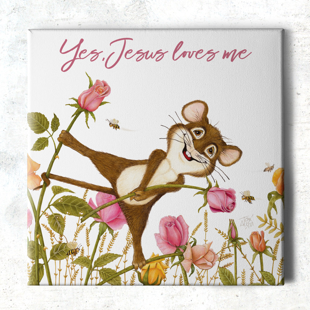 Friendly Kritters Wall Art Print - Mouse, Bees and Roses - 16x16 - Hand Drawn - Canvas