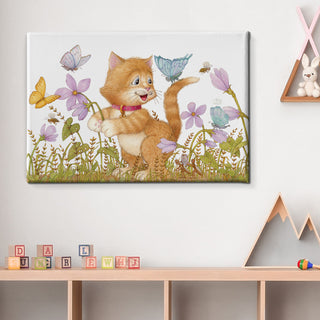 Friendly Kritters Wall Art Print - Kitten and Butterflies - 16x24 - Hand Drawn - Canvas