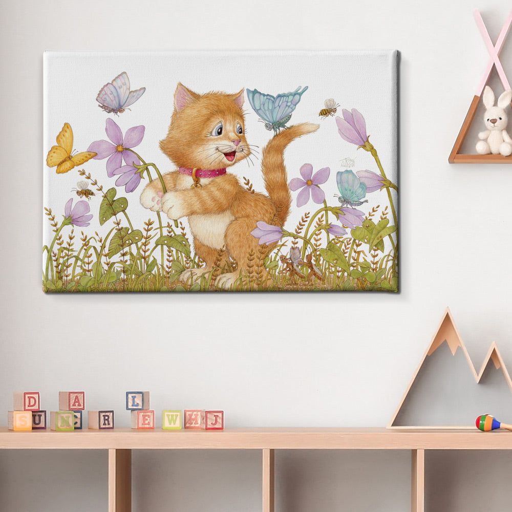 Friendly Kritters Wall Art Print - Kitten and Butterflies - 24x36 - Hand Drawn - Canvas