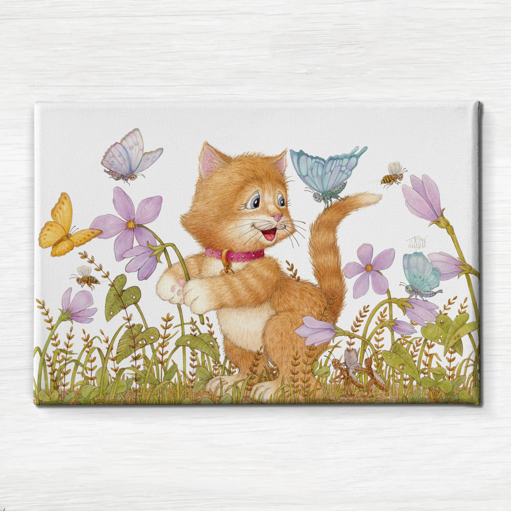Friendly Kritters Wall Art Print - Kitten and Butterflies - 24x36 - Hand Drawn - Canvas