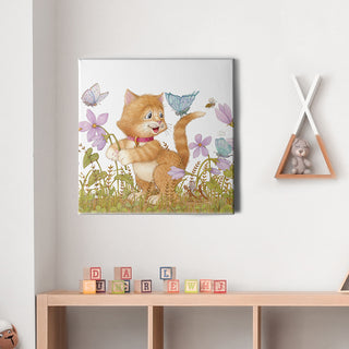 Friendly Kritters Wall Art Print - Kitten and Butterflies - 16x16 - Hand Drawn - Canvas