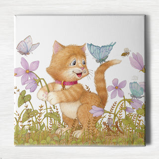 Friendly Kritters Wall Art Print - Kitten and Butterflies - 16x16 - Hand Drawn - Canvas