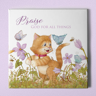 Friendly Kritters Wall Art Print - Kitten and Butterflies - 16x16 - Hand Drawn - Canvas
