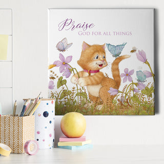 Friendly Kritters Wall Art Print - Kitten and Butterflies - 16x16 - Hand Drawn - Canvas