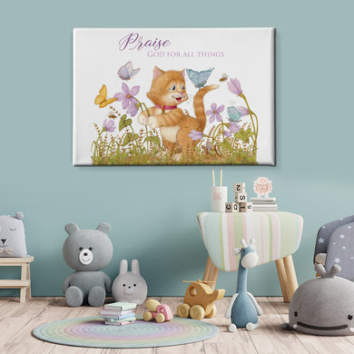 Friendly Kritters Wall Art Print - Kitten and Butterflies - 16x24 - Hand Drawn - Canvas