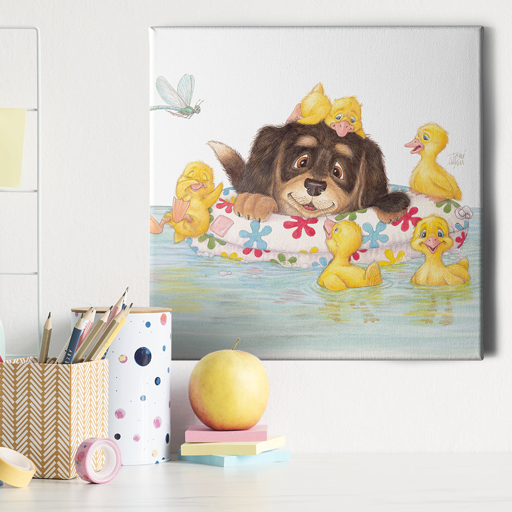 Friendly Kritters Wall Art Print - Puppy and Ducklings - 16x16 - Hand Drawn - Canvas