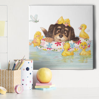Friendly Kritters Wall Art Print - Puppy and Ducklings - 16x16 - Hand Drawn - Canvas
