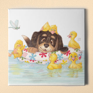 Friendly Kritters Wall Art Print - Puppy and Ducklings - 16x16 - Hand Drawn - Canvas