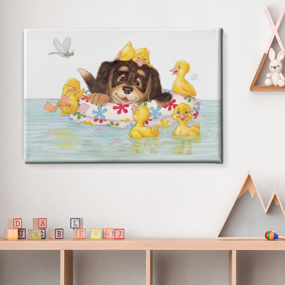 Friendly Kritters Wall Art Print - Puppy and Ducklings - 24x36 - Hand Drawn - Canvas