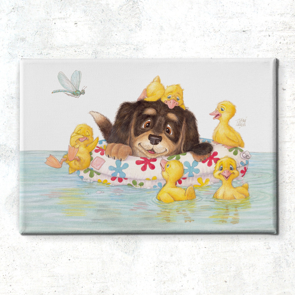 Friendly Kritters Wall Art Print - Puppy and Ducklings - 24x36 - Hand Drawn - Canvas