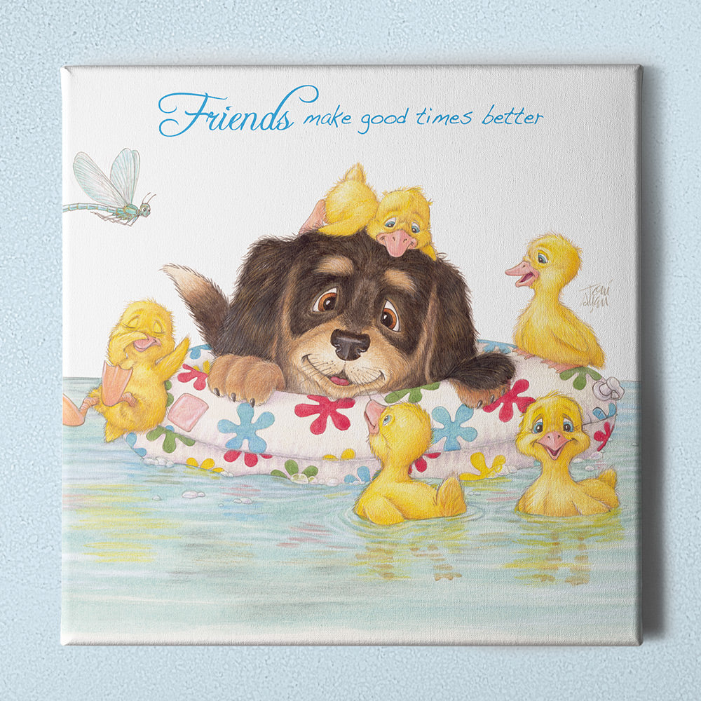 Friendly Kritters Wall Art Print - Puppy and Ducklings - 16x16 - Hand Drawn - Canvas