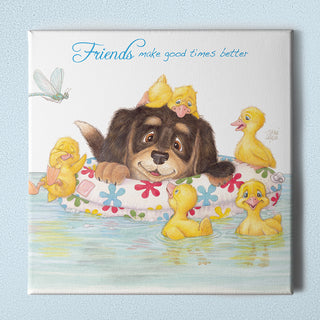 Friendly Kritters Wall Art Print - Puppy and Ducklings - 16x16 - Hand Drawn - Canvas