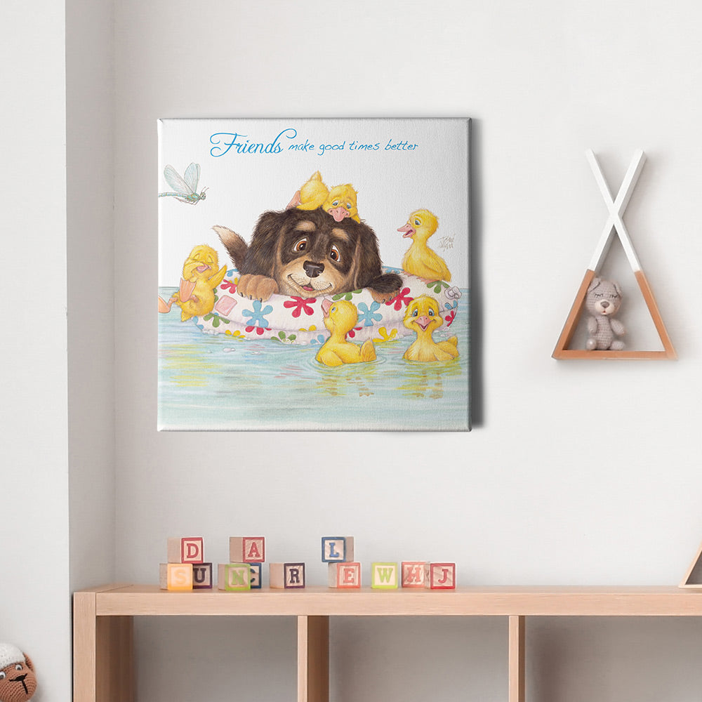 Friendly Kritters Wall Art Print - Puppy and Ducklings - 16x16 - Hand Drawn - Canvas