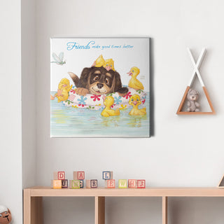 Friendly Kritters Wall Art Print - Puppy and Ducklings - 16x16 - Hand Drawn - Canvas